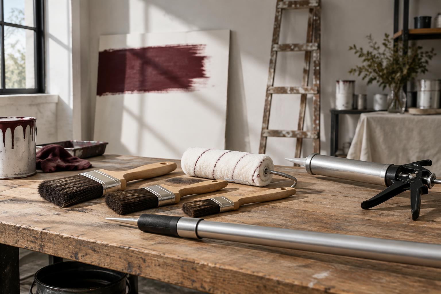 Professional painting brushes, roller, extension pole and caulking gun on a tradesperson's workbench